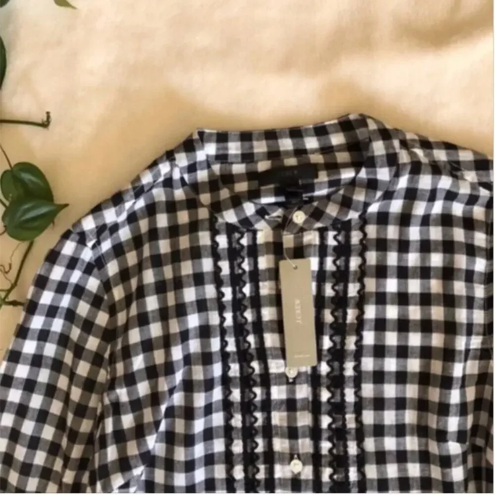 J. Crew Gingham Embroidered Bell Sleeve Popover
